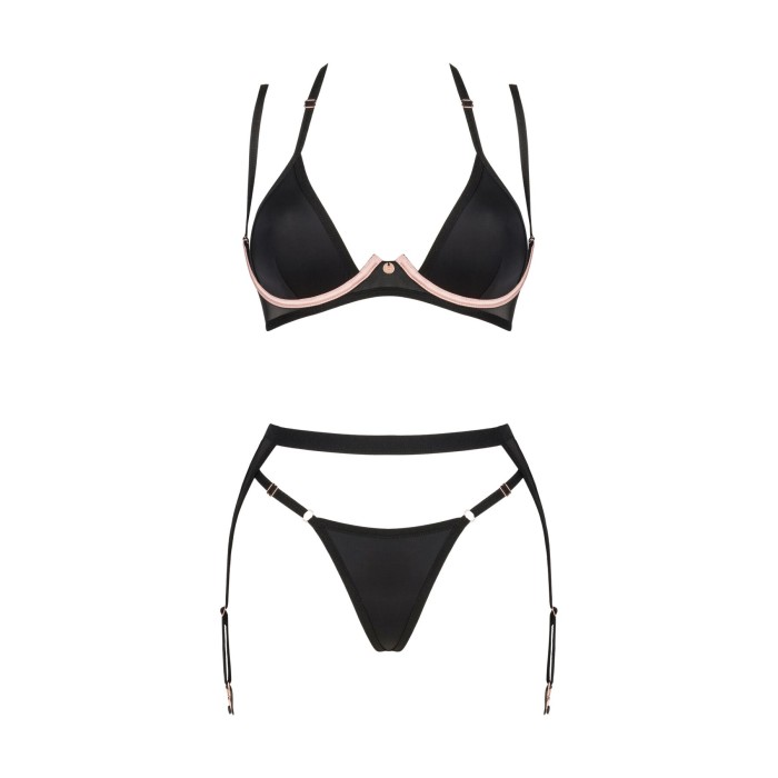 (SALE) Комплект белья Obsessive Selinne 3-pcs set XS/S Black, бюстгальтер, стринги пояс для чулок