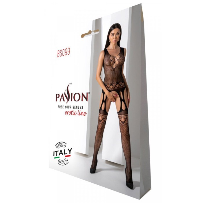 Бодістокінг з плетінням на грудях Passion BS099 One Size, black, відкритий доступ, імітація підв’язо