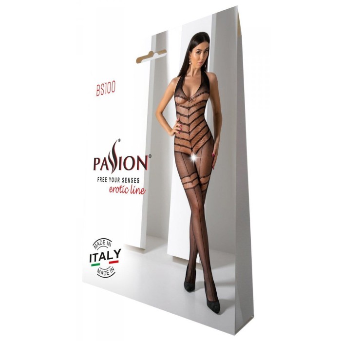 Бодистокинг с плетением на животике Passion BS100 One Size, black, декоративный шов, с доступом