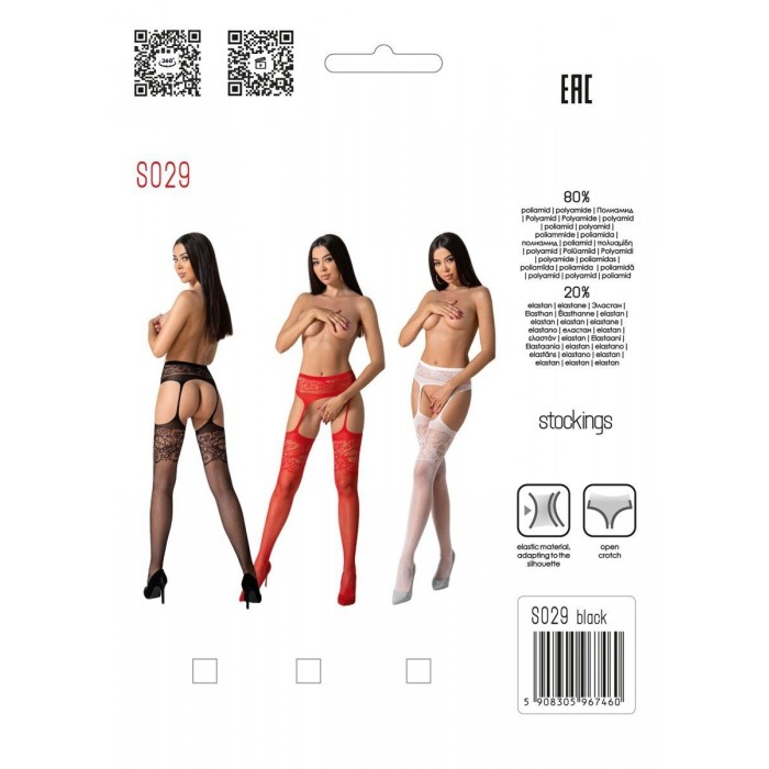 Еротичні ажурні колготки-бодістокінг Passion S029 One Size, black, пояс та панчохи, з доступом