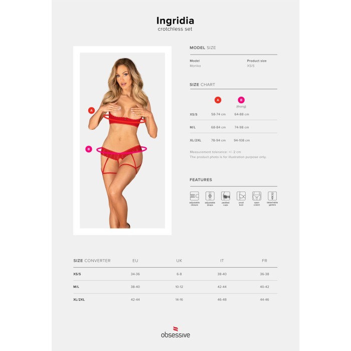Комплект Obsessive Ingridia 2-pcs crotchless set XL/2XL, красный, с доступом, открытая грудь
