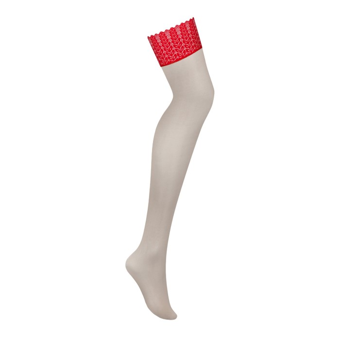 Чулки Obsessive Ingridia stockings M/L, бежевые с красной резинкой