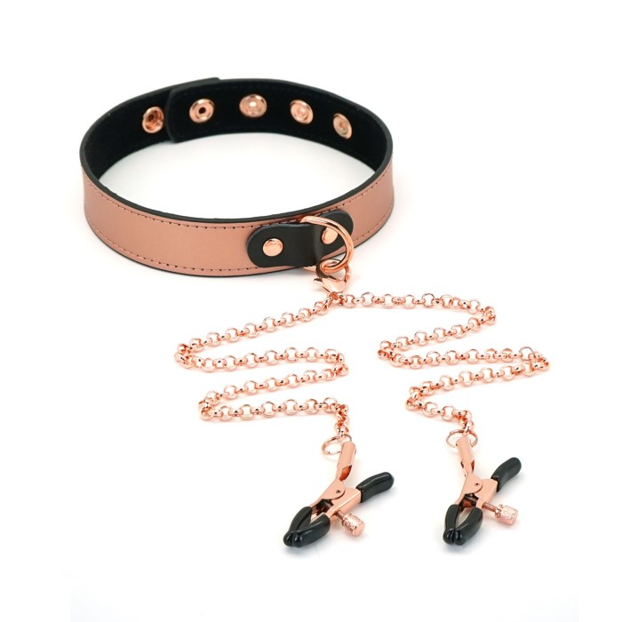 Ошейник с зажимами для сосков Liebe Seele Rose Gold Memory Collar with Nipple Clamps, кожа
