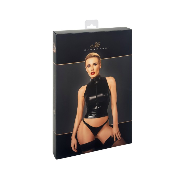 Топ Noir Handmade F324 Glam, M, black, халтер, на блискавці, вінілові вставки, комір-стійка