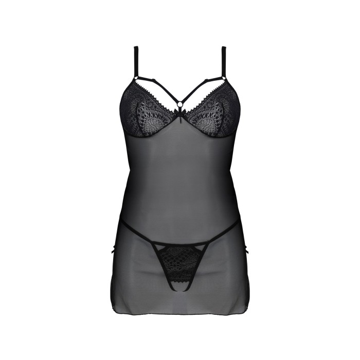 Пеньюар Passion DROSERA CHEMISE black, L/XL, кружевной лиф со стрепами, трусики в комплекте