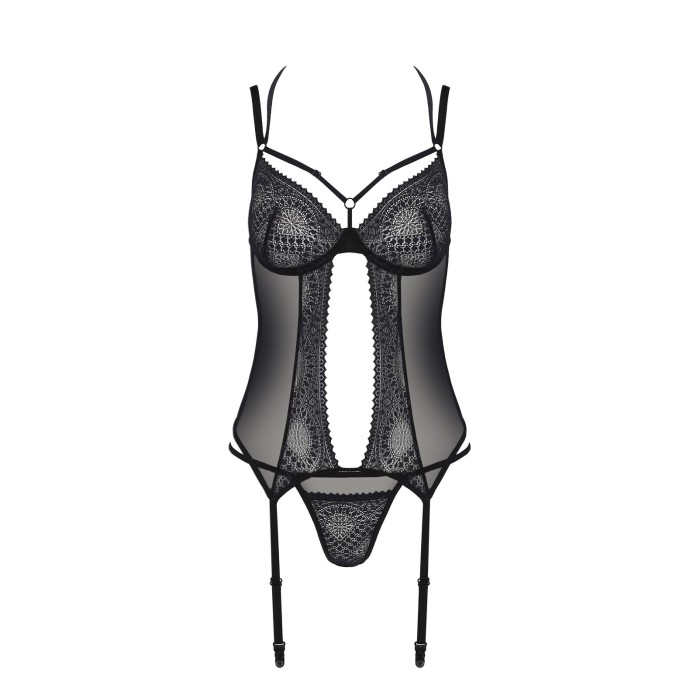 Корсет Passion DROSERA CORSET black, S/M, з кріпленнями для панчіх, трусики в комплекті