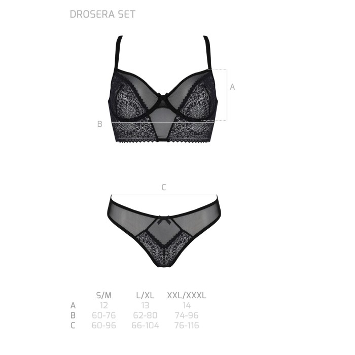 Комплект Passion DROSERA SET black, L/XL, сітка+мереживо, бюстьє та трусики танга