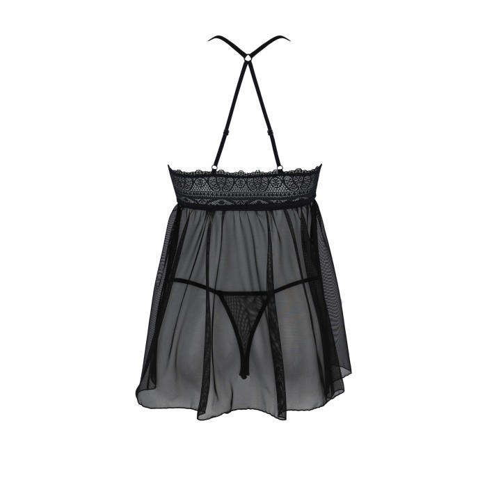 Пеньюар Passion KERRIA CHEMISE black, L/XL, кружевной верх, трусики в комплекте