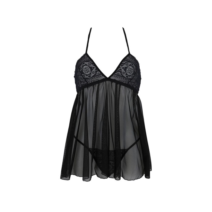 Пеньюар Passion KERRIA CHEMISE black, S/M, кружевной верх, трусики в комплекте