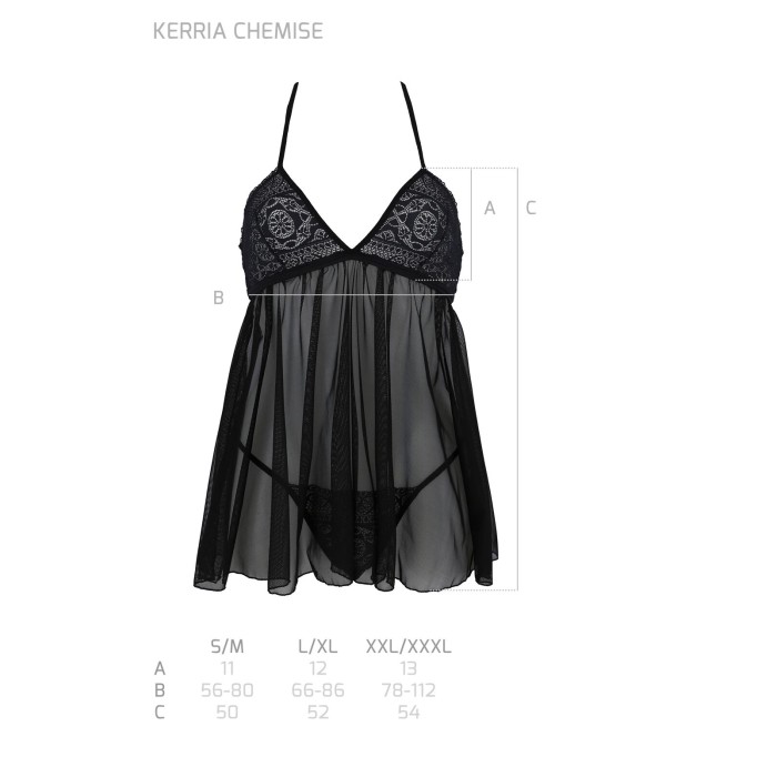 Пеньюар Passion KERRIA CHEMISE black, S/M, кружевной верх, трусики в комплекте