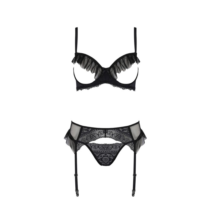Комплект Passion KERRIA SET WITH OPEN BRA black, L/XL, бюстгальтер с открытой чашкой, стринги, пояс для чулок