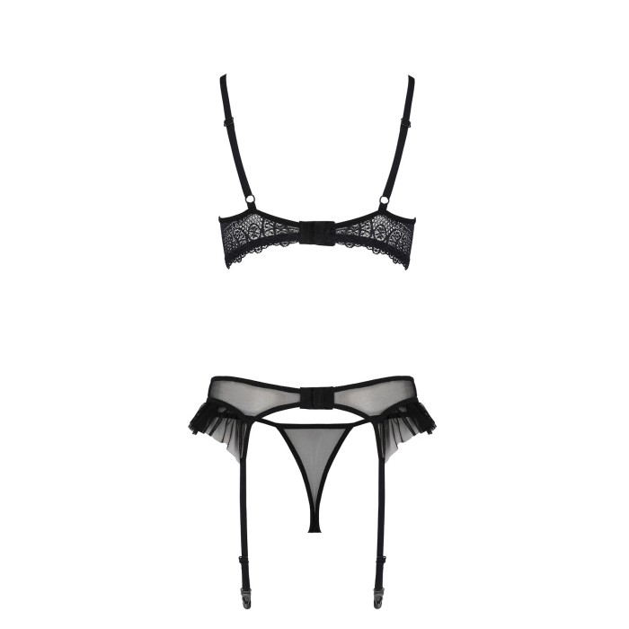 Комплект Passion KERRIA SET WITH OPEN BRA black, L/XL, бюстгальтер с открытой чашкой, стринги, пояс для чулок
