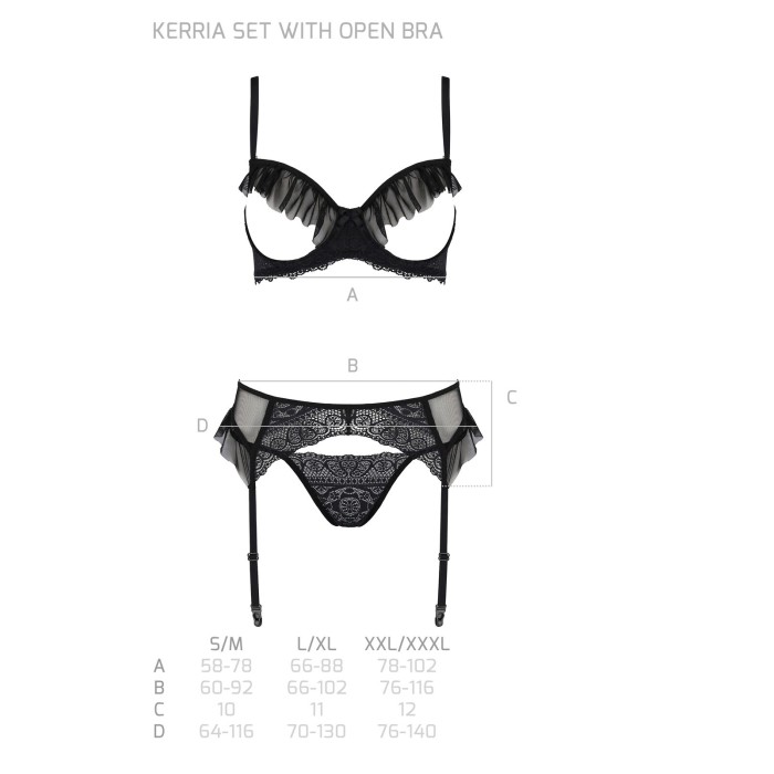 Комплект Passion KERRIA SET WITH OPEN BRA black, L/XL, бюстгальтер с открытой чашкой, стринги, пояс для чулок