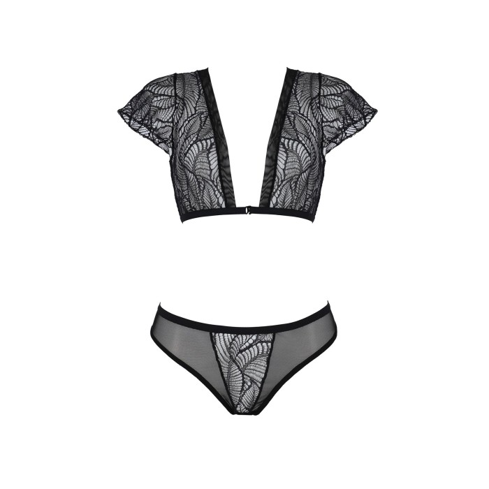 Комплект Passion LEAFA BIKINI black S/M, бюстгальтер-топ с рукавчиками, стринги-шортики с вырезом