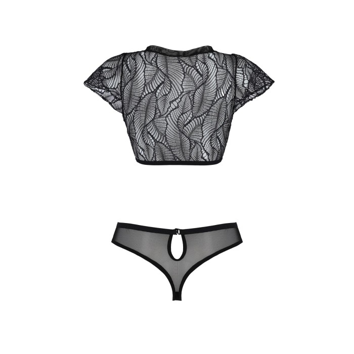 Комплект Passion LEAFA BIKINI black S/M, бюстгальтер-топ с рукавчиками, стринги-шортики с вырезом