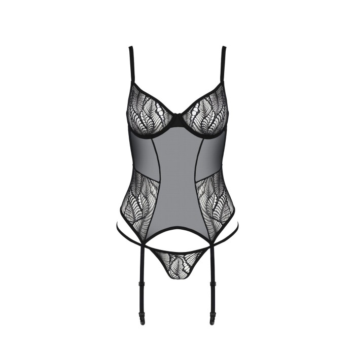 Корсет Passion LEAFA CORSET black L/XL, мягкие чашки, зажимы для чулок, стринги в комплекте
