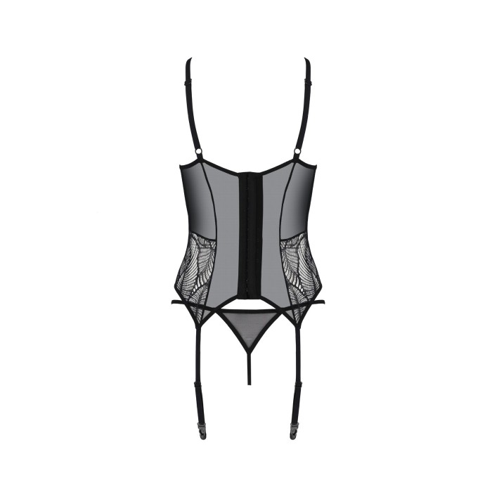 Корсет Passion LEAFA CORSET black L/XL, мягкие чашки, зажимы для чулок, стринги в комплекте