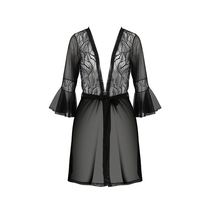 Пеньюар Passion LEAFA PEIGNOIR black, XXL/XXXL, длина чуть выше колена, широкие рукава, завязывается на пояс