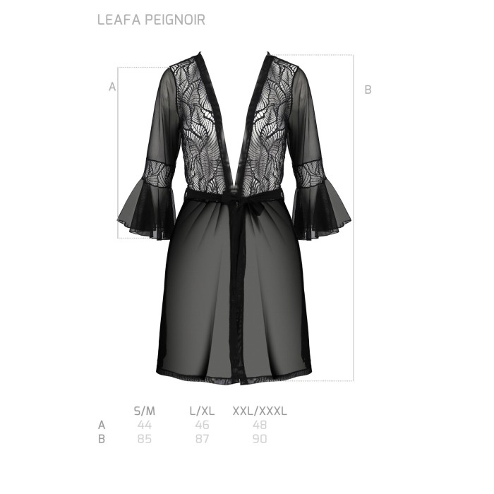 Пеньюар Passion LEAFA PEIGNOIR black, XXL/XXXL, длина чуть выше колена, широкие рукава, завязывается на пояс