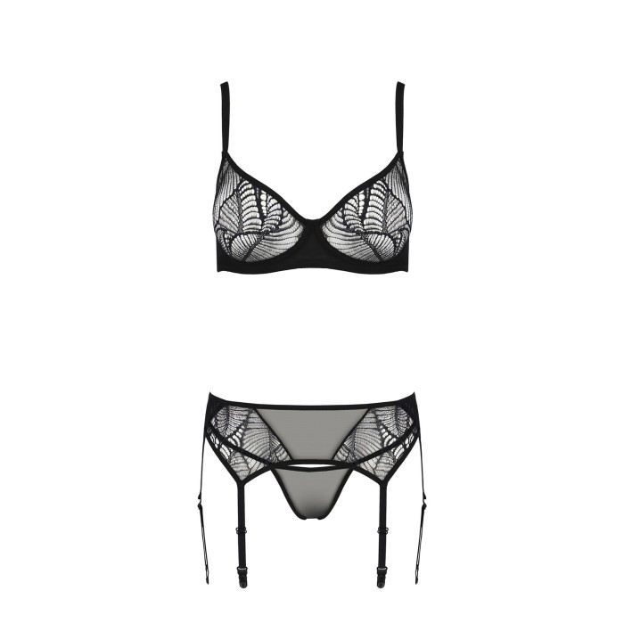 Комплект Passion LEAFA SET black, L/XL, кружево+сетка, бюстгальтер на косточках, стринги, пояс для чулок