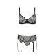 Комплект Passion LEAFA SET black, L/XL, кружево+сетка, бюстгальтер на косточках, стринги, пояс для чулок