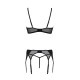 Комплект Passion LEAFA SET black S/M, кружево+сетка, бюстгальтер на косточках, стринги, пояс для чулок