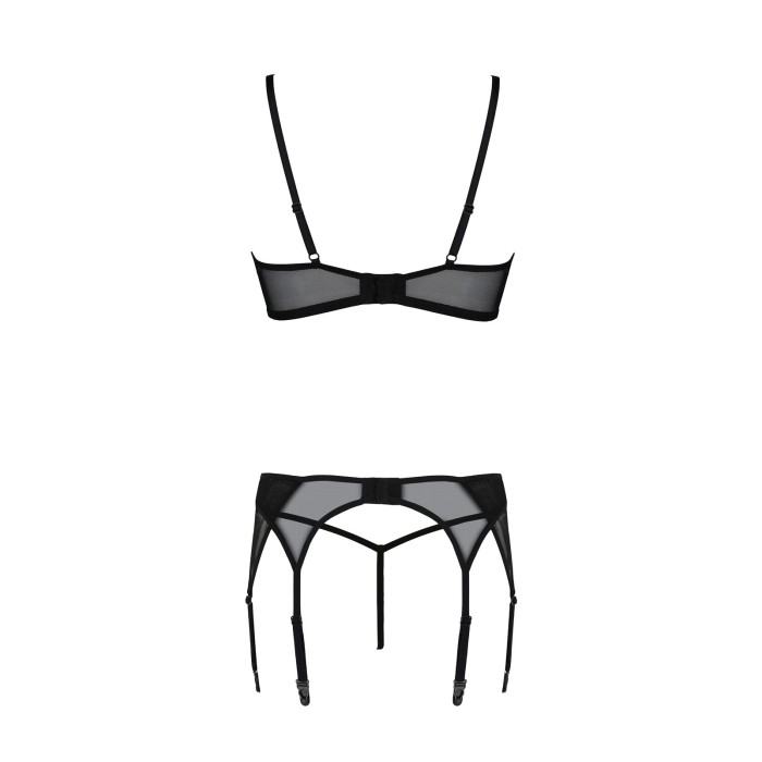 Комплект Passion LEAFA SET black, XXL/XXXL, кружево+сетка, бюстгальтер на косточках, стринги, пояс для чулок