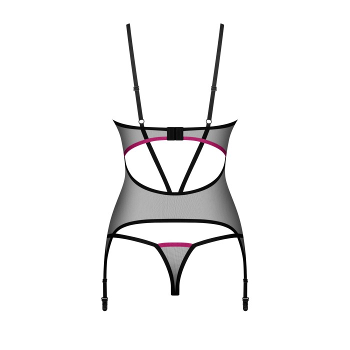 Корсет Obsessive Novenes corset & thong, XL/2XL, прозорий, відкрита спина, стрінги в комплекті