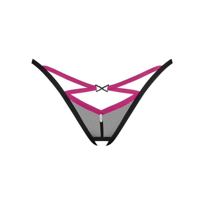 Трусики-стринги Obsessive Novenes crotchless thong, XS/S, сетка, стрепы, украшение со стразами, откр
