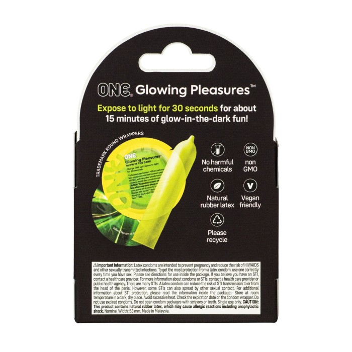 Презервативы ONE Glowing Pleasures, 3 шт, светятся в темноте, со смазкой, картонная упаковка
